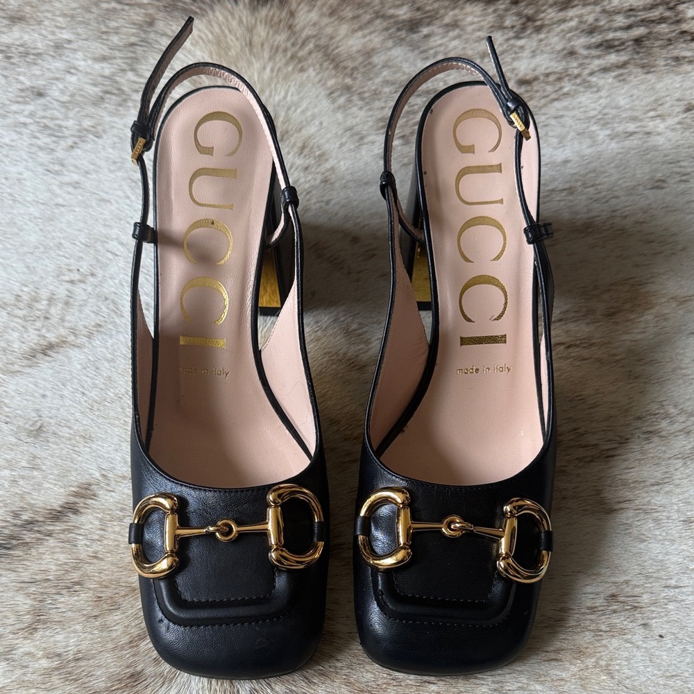 Gucci 37 7 Black Leather Gold Horsebit Mark Jane Pumps Heels Slingback with Box - Picture 2 of 16